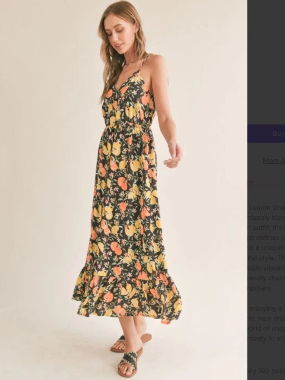 Citrus Fruits Button Up Maxi Dress V Neck Spaghetti Straps Gardencore Cottage S
